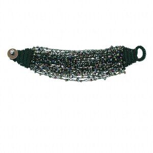 Handcrafted Woven Iris Green Oil Slick Beaded Glass Bracelet with Coin Clasp